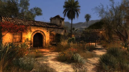 Naklejka premium Spanish Style Houses In A Desert Oasis Setting