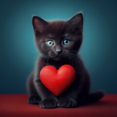 Schwarzes Kätzchen mit Herz, blauer Hintergrund