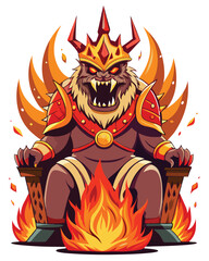 A monstrous fire king, crowned, sits upon a fiery throne, his imposing figure radiating menacing power.  His (1)...?
