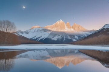 Obraz premium Crystal-Clear Lake Surrounded by Snow-Capped Mountains
