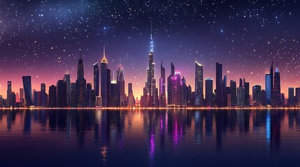 Fototapeta premium Nighttime Cityscape Skyline Reflected in Still Water Under Starry Sky