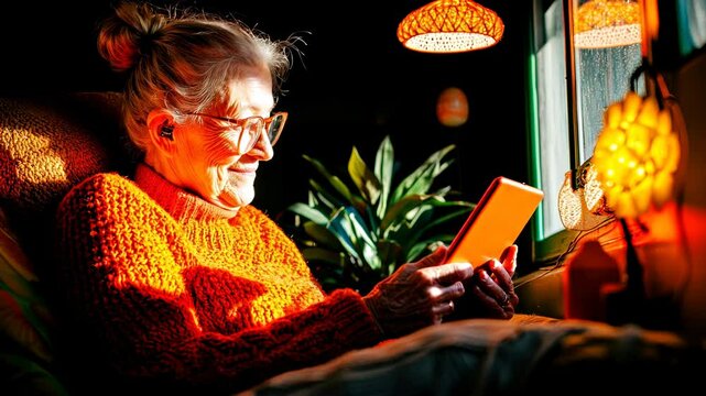 Elderly Woman in Cozy Sweater Reading Tablet by Window, Surrounded by Warm Light and Plants for Comfort and Joy
