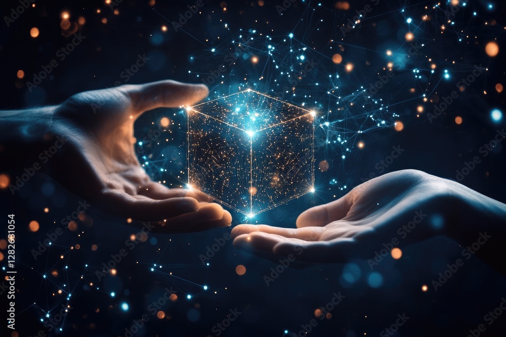 Poster hands exchanging glowing data cube, network background, tech concept