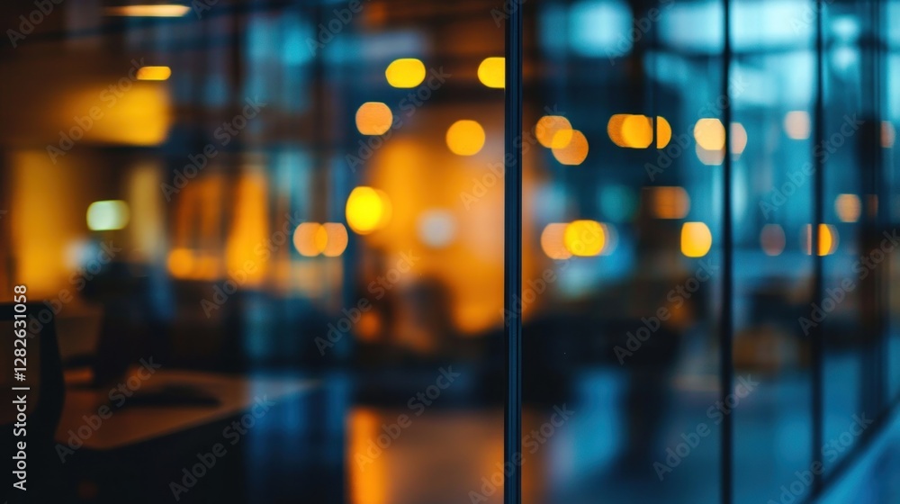 Aufkleber blurred night view through glass window of an office with warm lighting and computer screen.