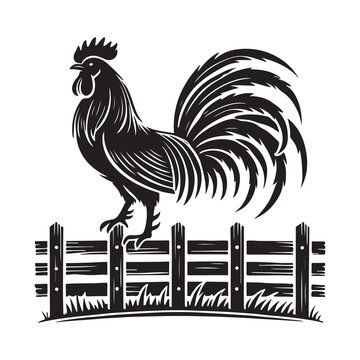 black rooster perched fence clip art preview