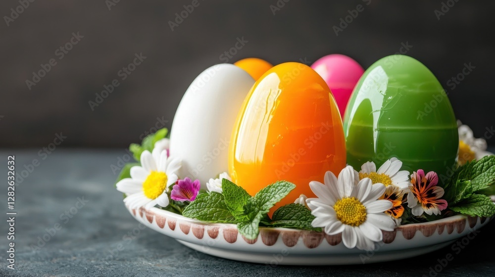 Wall mural Easter Foods Concept, Colorful Easter Eggs Served on Decorative Plate with Fresh Flowers and Mint Leaves