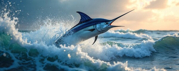 Fototapeta premium Energetic marlin leaps from ocean in spray of sea water. Blue and silver striped fish jumps out in sunset sky. Big sailfish is an apex predator marine animal.