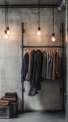 Industrial dressing room design, concrete walls, exposed metal racks, and Edison bulb lighting