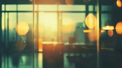 Fototapeta premium Blurred sunset view through office window, showing bokeh lights and cityscape.