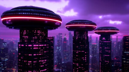 Futuristic Cityscape At Twilight With Glowing Structures