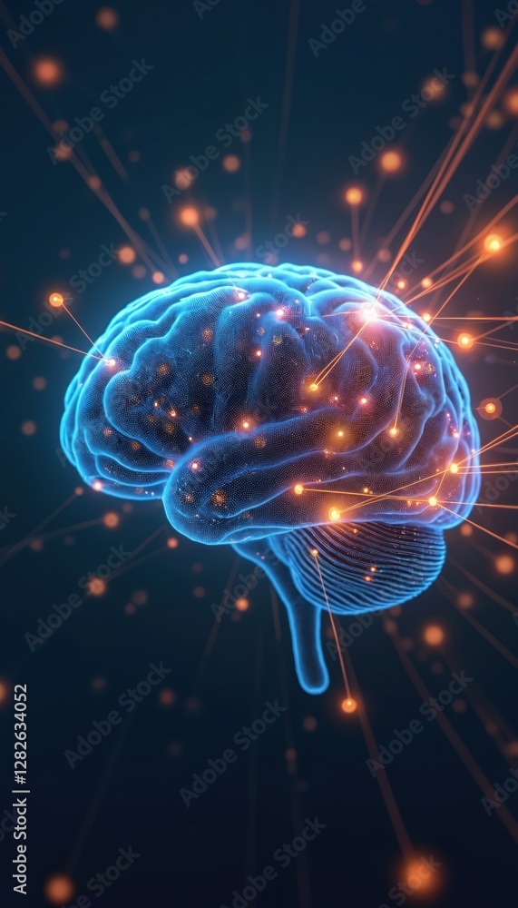 Aufkleber Abstract brain powered by AI. Human intellect integrated with artificial intelligence elements, symbolizing future human cognition. Neural network, machine learning, digital mind with glowing nodes.