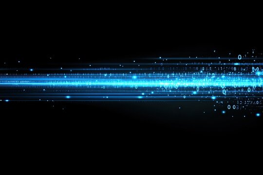 Blue digital data stream flowing, dark background, futuristic tech