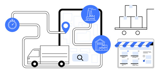 Truck following a route on a digital map with location marker, factories, warehouses. Cart with stack boxes and online storefront. Ideal for logistics, delivery, e-commerce, supply chain management