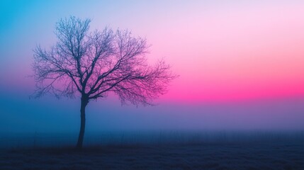Obraz premium Lone tree in a field under a pink and blue sky during sunset with grass and clouds in the background