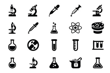 Design a set of 15 detailed, flat-style icons depicting common laboratory equipment.  Include beakers, test tubes, flasks, and pipettes.