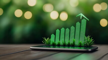 Glowing Green Bar Graph on Smartphone Eco Friendly Growth Concept