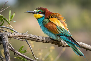 Obraz premium Colorful bird perched on branch with vibrant plumage and lush background
