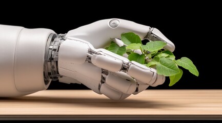 Eco Friendly AI Robot Hand Planting Sapling on Wood