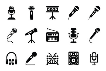 Design 15 distinct icons depicting live performance equipment;  include microphones, speakers, lights, instruments, and stage equipment.  High detail, flat style.