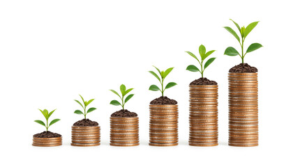 A creative investment concept image a group of ascending stacks of coins, each topped with a progressively larger sprout