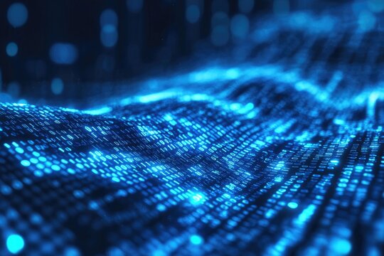 Blue digital data wave flowing, dark background, tech presentation - Powered by Adobe