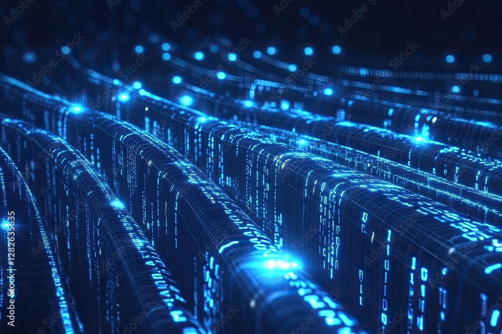 Poster digital data streams flow in futuristic server room