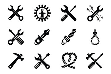 Create a vector icon pack depicting essential marine boat maintenance tools wrenches, screwdrivers, pliers, etc.  Style should be clean and nautical.