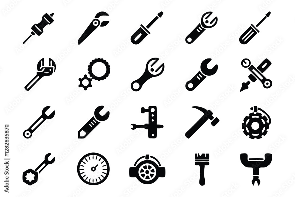 Poster create a clean, vector icon pack depicting essential mechanical engineering tools. include wrenches,