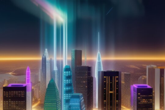 A Futuristic Skyline with Bioluminescent Plants and Holographic Ads