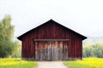Fototapeta premium Rustic Red Wooden Barn In Wildflower Field
