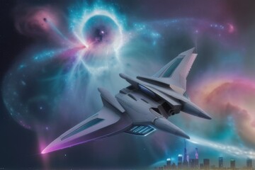 A Futuristic Starship Gliding Through a Swirling Nebula