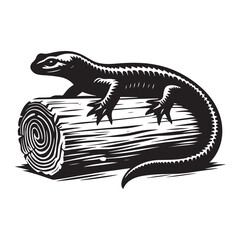 Salamander on a log Silhouette Vector Illustration, Solid White Background.