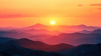 Fototapeta premium Breathtaking sunset view over mountains and rolling hills with vibrant colors in the sky