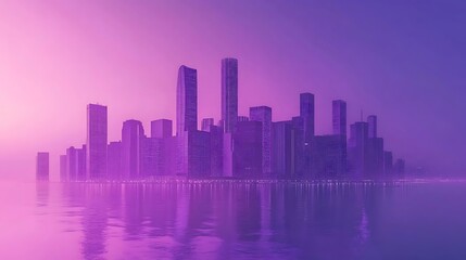Obraz premium Purple City Skyline Reflecting in Calm Water at Dusk