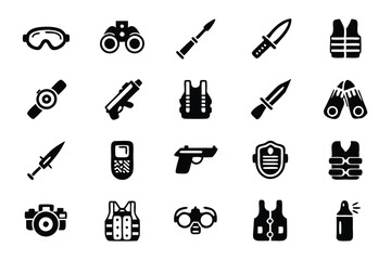 Create a vector icon pack depicting rugged military tactical gear; including helmets, vests, boots, backpacks, knives, and binoculars.  High detail, clean lines.
