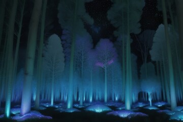 A Bioluminescent Forest Surrounded by a Cosmic Nebula