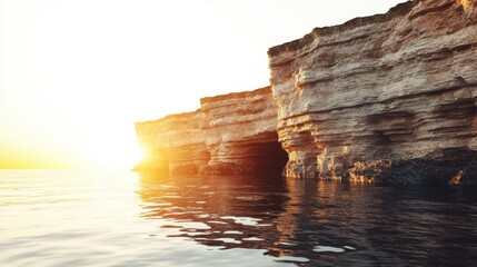 A large rocky cliff overlooking a serene body of water under a clear blue sky