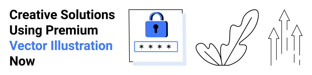 Lock icon with password field, abstract leaf element, and upward arrows suggesting growth and innovation. Ideal for technology, security, business, data, innovation, creativity flat landing page