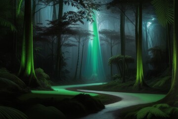 A Bioluminescent Rainforest at Night