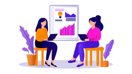 Two Businesswomen Collaborating on Project, Analyzing Data and Charts on Tablets
