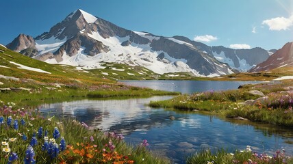 A high-altitude alpine meadow in full bloom with colorful wildflowers, a crystal-clear mountain lake reflecting the bright blue sky above, and snow-capped peaks in the distance, all bathed in the soft