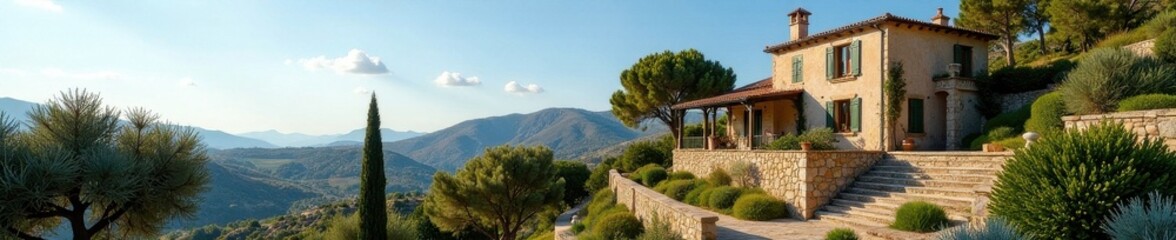 Mediterranean style villa, terraced garden with olive trees, plants, exterior, landscape