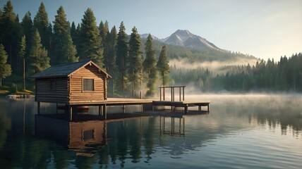 Fototapeta premium A peaceful mountain lake at dawn, surrounded by dense evergreen forests, with a wooden pier extending into the calm reflective water. Light mist hovers above the lake, and a small cabin with smoke ris