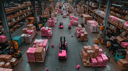 Busy Warehouse Logistics  Forklifts  Pallets  Cargo  Shelves  Distribution Center