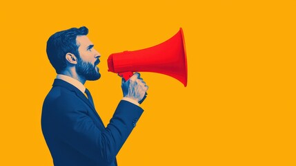 A man in a suit shouts into a red megaphone against a bright yellow background, conveying a message with enthusiasm.