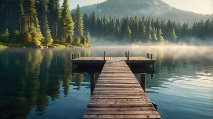 A peaceful mountain lake at dawn, surrounded by dense evergreen forests, with a wooden pier extending into the calm reflective water. Light mist hovers above the lake, and a small cabin with smoke ris