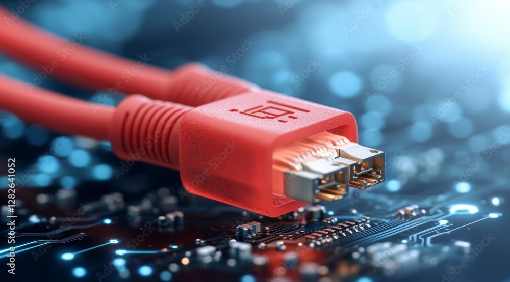 Poster high resolution image of red network cables connected to circuit board