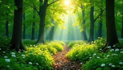 Fototapeta premium Sun-dappled forest floor, vibrant spring green, spring, outdoor