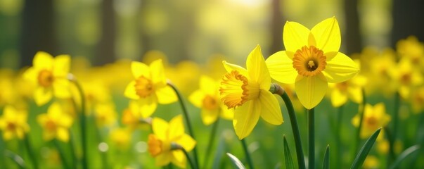 Sunny yellow daffodils in vibrant spring meadow, daffodils, yellow