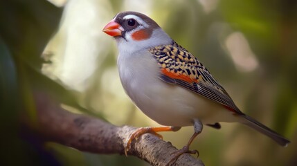 Bird perched on a branch of a tree against a blurred natural background with green leaves